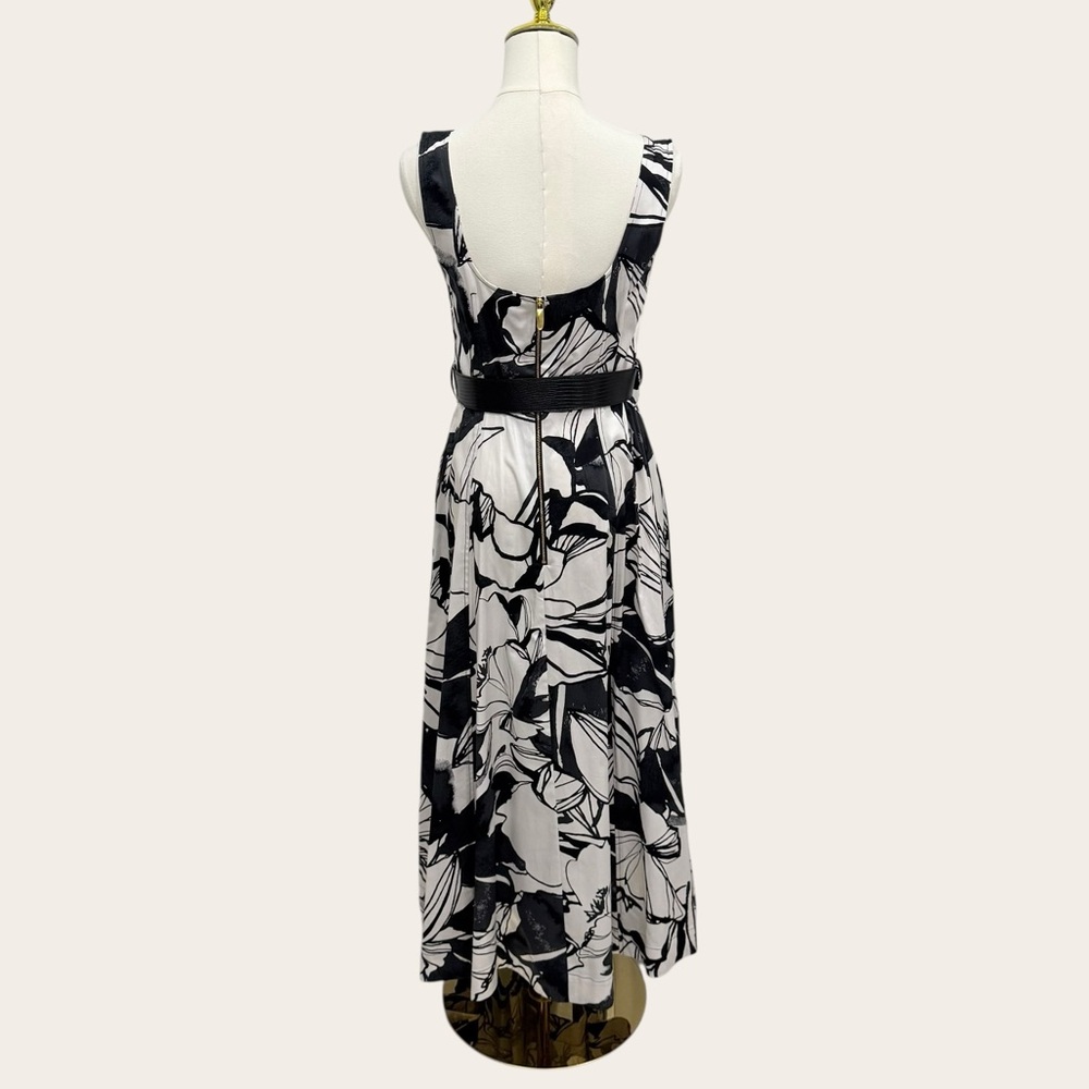 Donna Karan Floral Square Neck Belted Sateen Cotton Midi Dress Black/Pristine - Picture 5 of 16